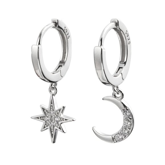 *NEW 925 Sterling Silver Diamond Moon Star Hoops X - Picture 12 of 14
